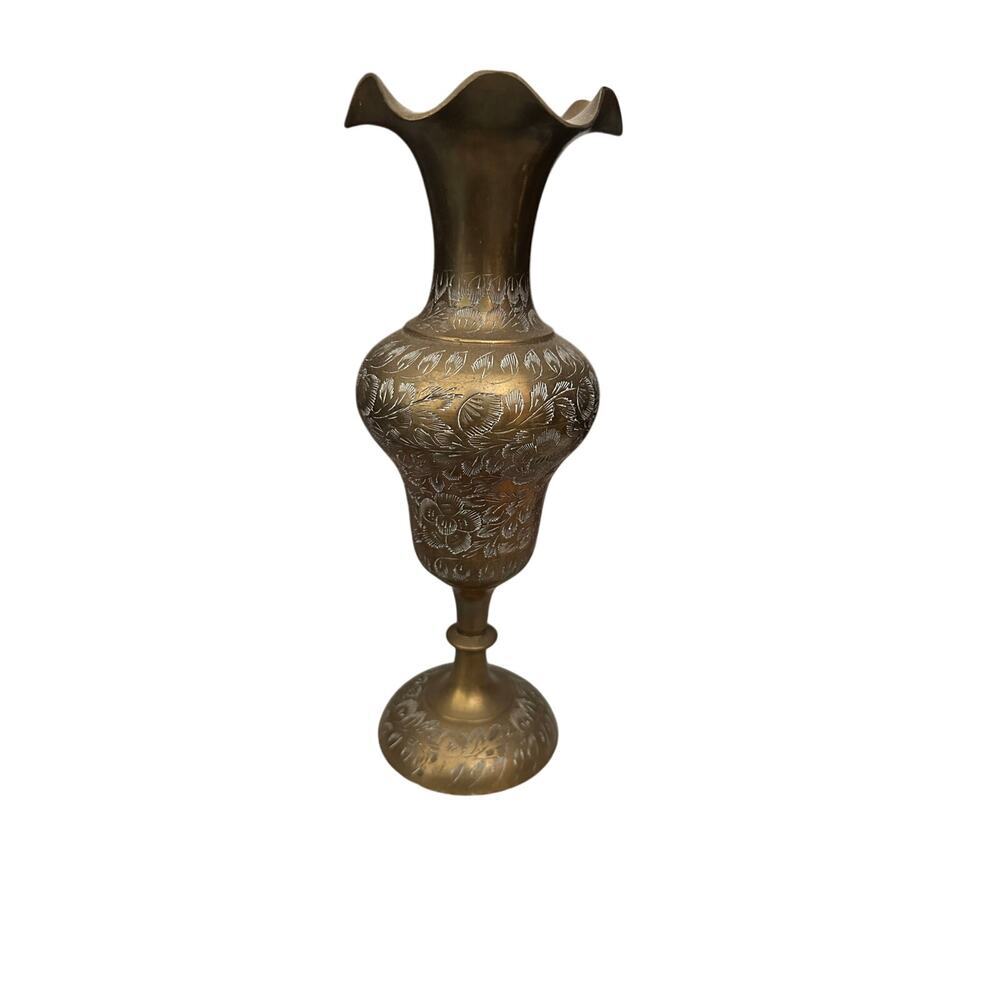 Vintage Solid Brass India Etched Diamond Cut Floral Vase